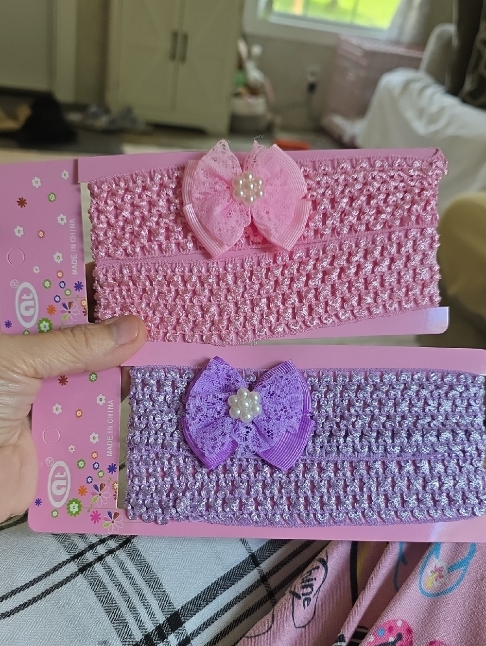 Pink and Purple Lace Bow Elastic Headbands for Kids